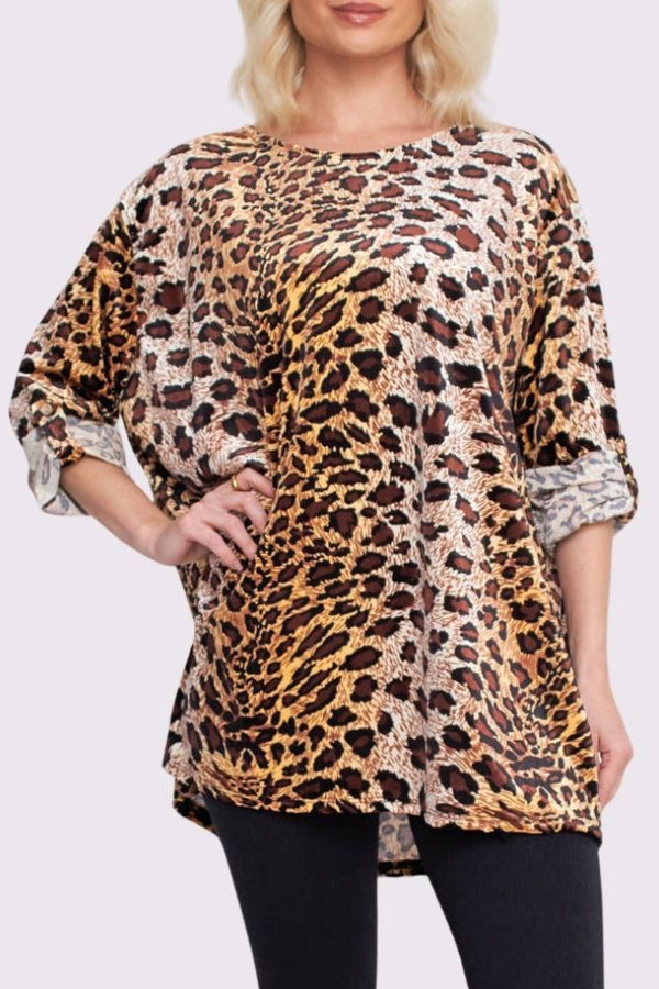 Animal Print Button Up Sleeve Dip Hem Top