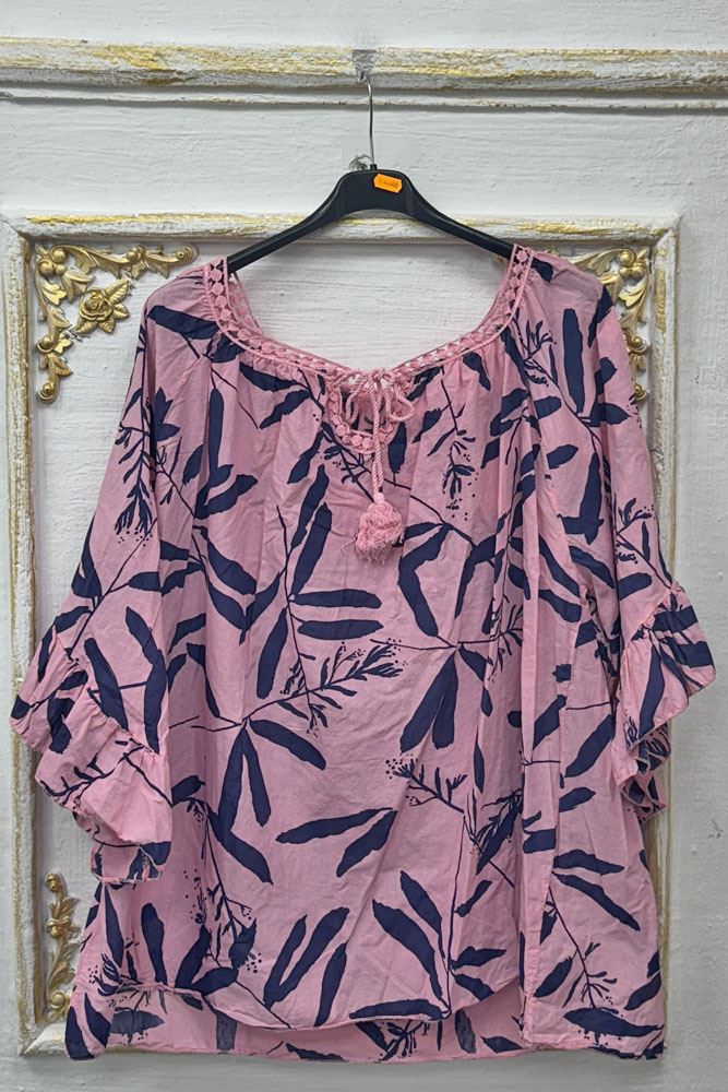 Tropical Print Lace Drawstring Tassel Neck Cotton Top