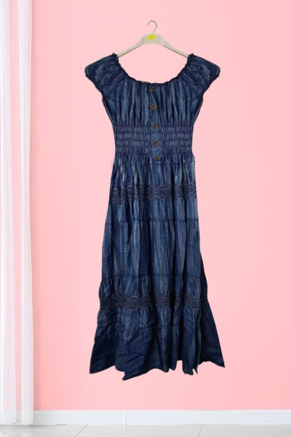 Embroidered Pattern Shirred Waist Tiered Denim Cotton Dress