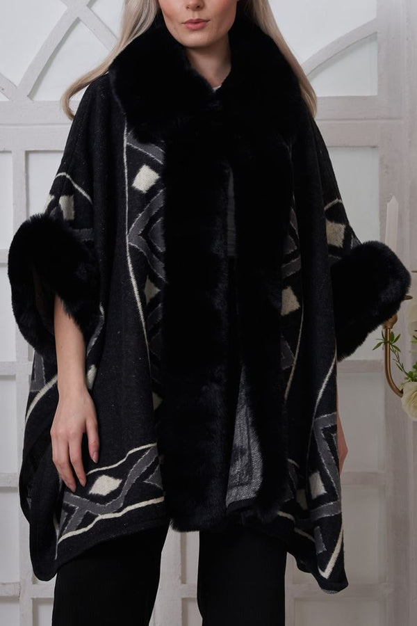 Geometric Print Faux Fur Poncho