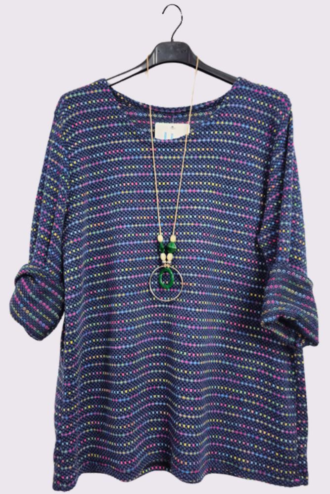 Multi Stripe Pattern Knitted Round Neck Necklace Jumper