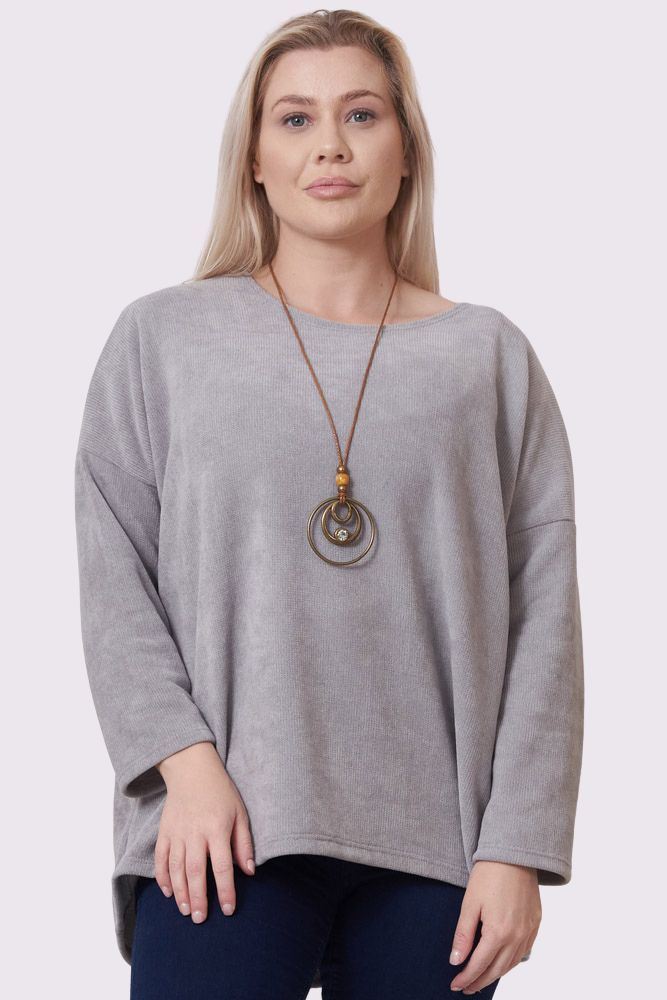 Corduroy Drop Hem Long Sleeve Necklace Top