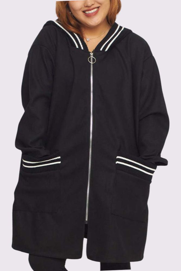 Ribbed Ring Zip Closure Pockets Hooded Jacket