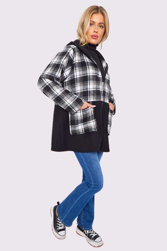 Plaid Pattern Pockets Hooded Jacket