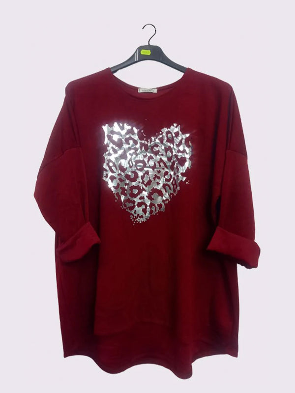 Foil Leopard Heart Print Dipped Hem Top Test