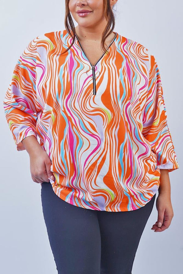 Abstract Waves Print Zip Up Top