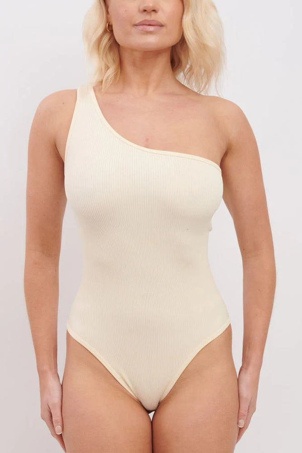 Plain One Shoulder Seamless Ribbed Nylon Bodysuit