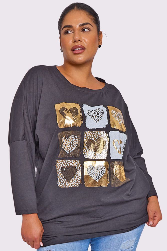 Foil Leopard Heart Print Pockets Cotton Top