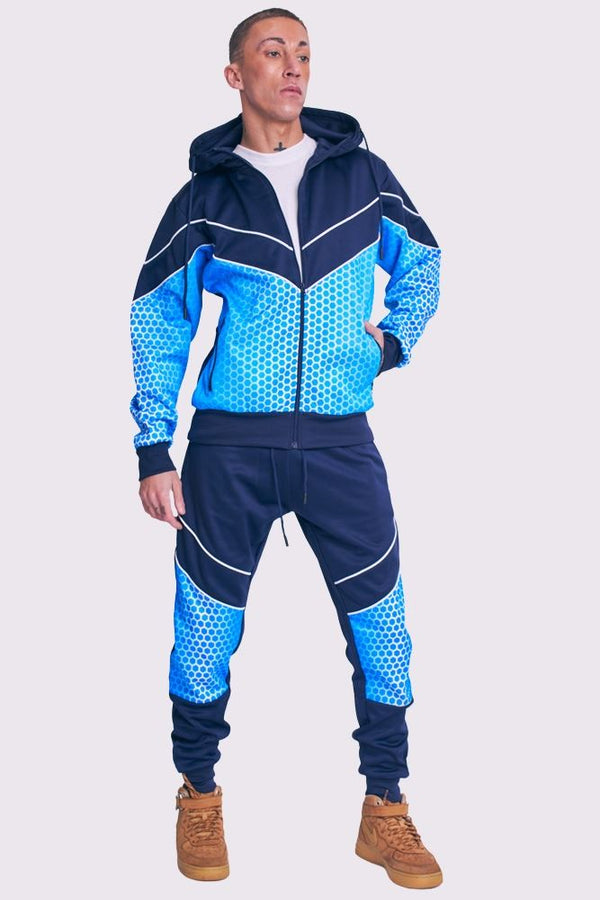 Men V Panelled Striped Zip Up Hooded Tracksuit