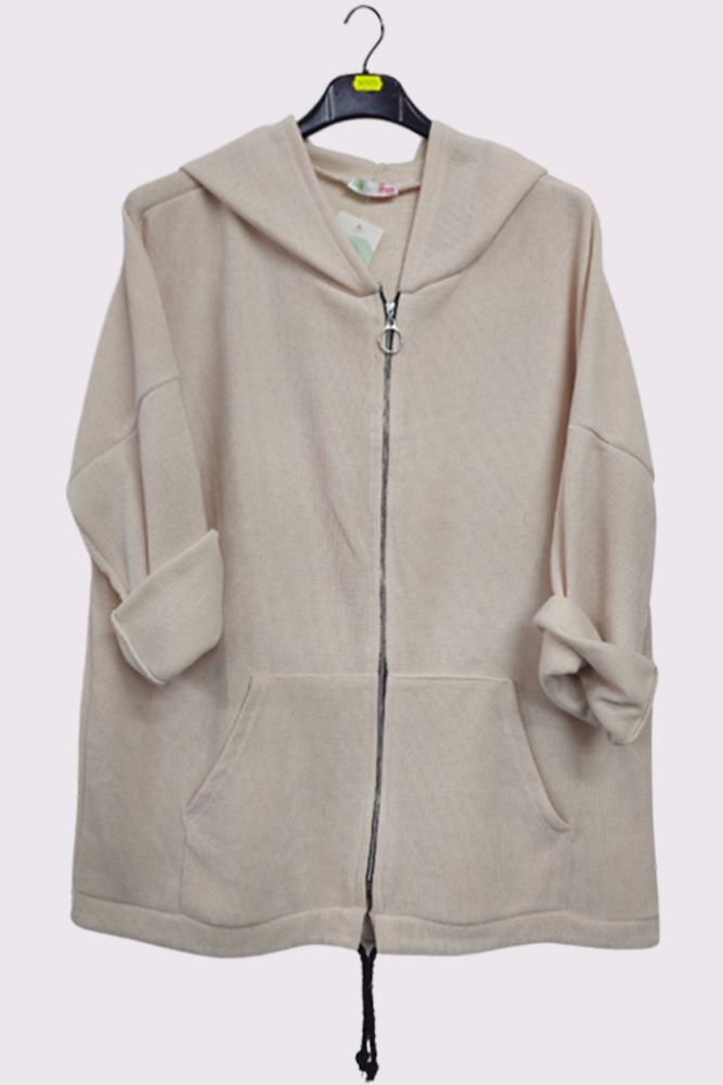 Plain Knit Drawstring Hem Hooded Jacket