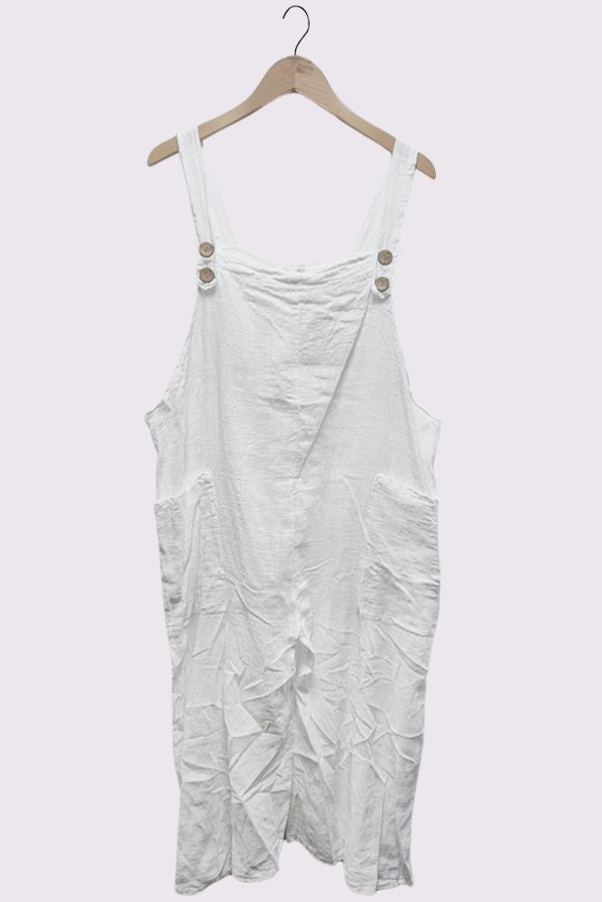 Strap Button Detail Plain Linen Jumpsuit Dungaree