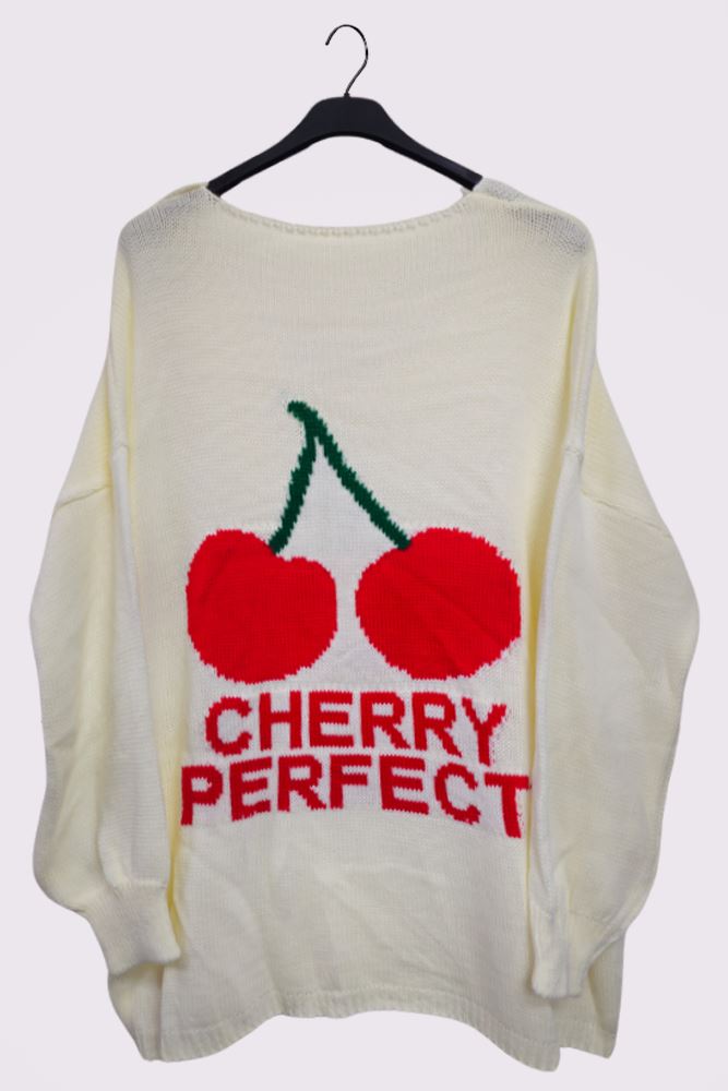 Cherry Perfect Slogan Cherry Pattern Knit Cuffed Sleeve Jumper