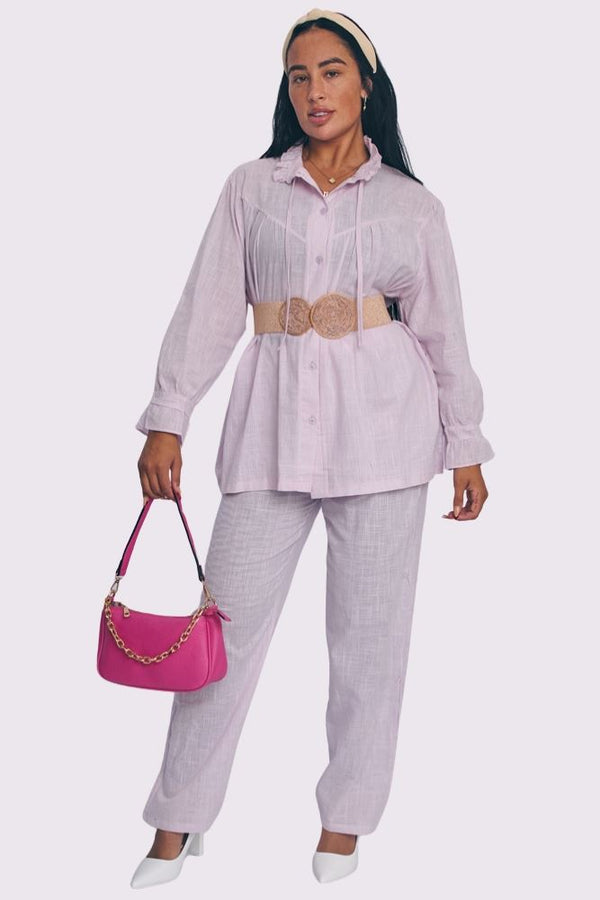 Plain Collar Button Up Cotton Co-Ord Set