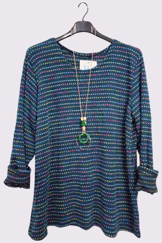 Multi Stripe Pattern Knitted Round Neck Necklace Jumper