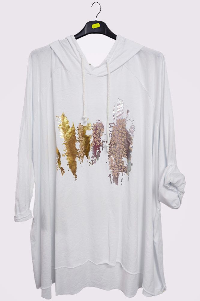 Foil Brush Stroke Pattern High Low Hem Cotton Hoody