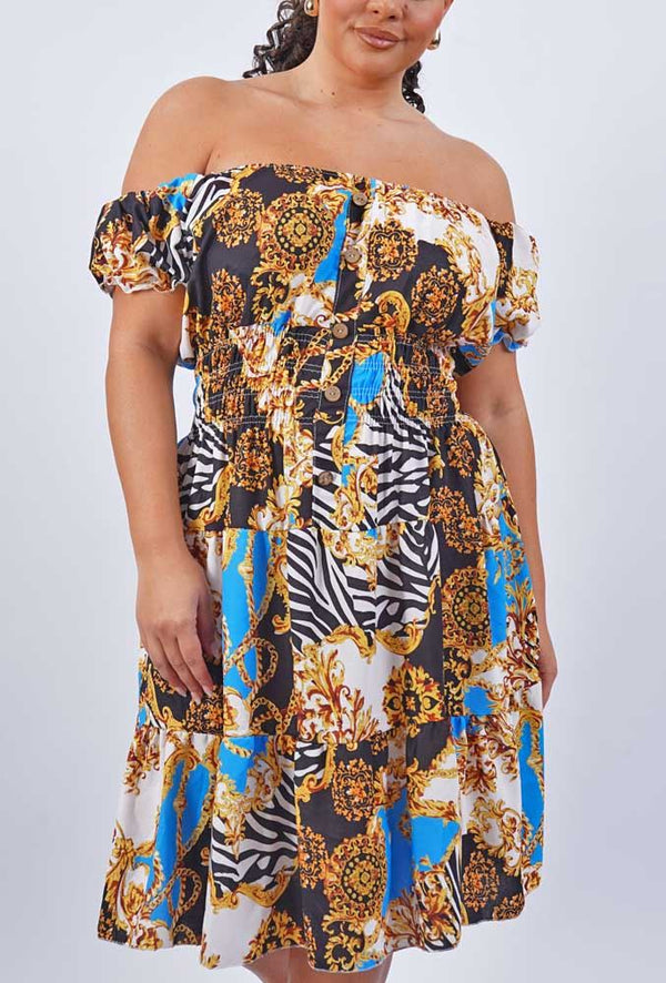 Baroque Print Shirred Waist Tiered Dress