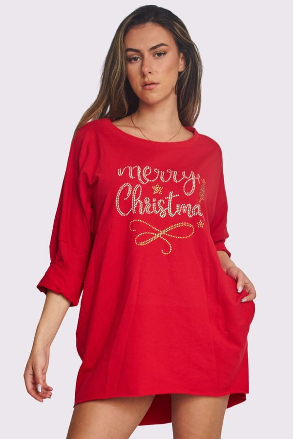 Merry Christmas Rhinestone Details Oversized Side Pockets DipHem Cotton Top