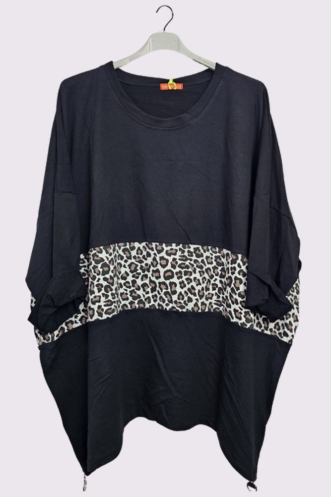 Leopard Panel Hanky Hem Side Zip Cotton Top