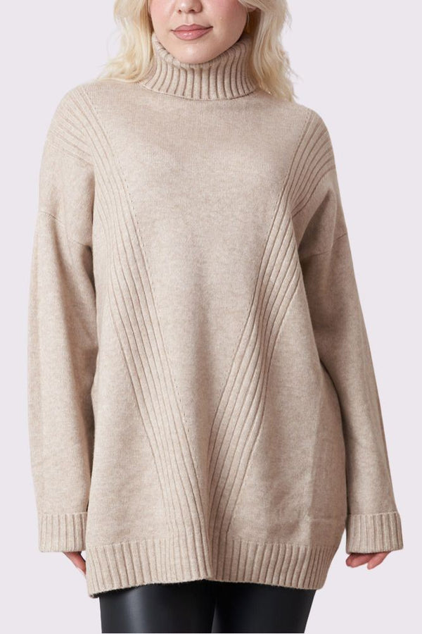 Ribbed Stripe Pattern Cowl Neck Tunic Jumper