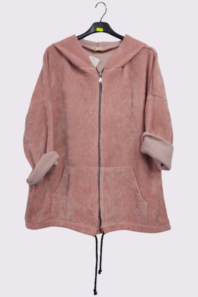 Plain Knit Drawstring Hem Hooded Jacket