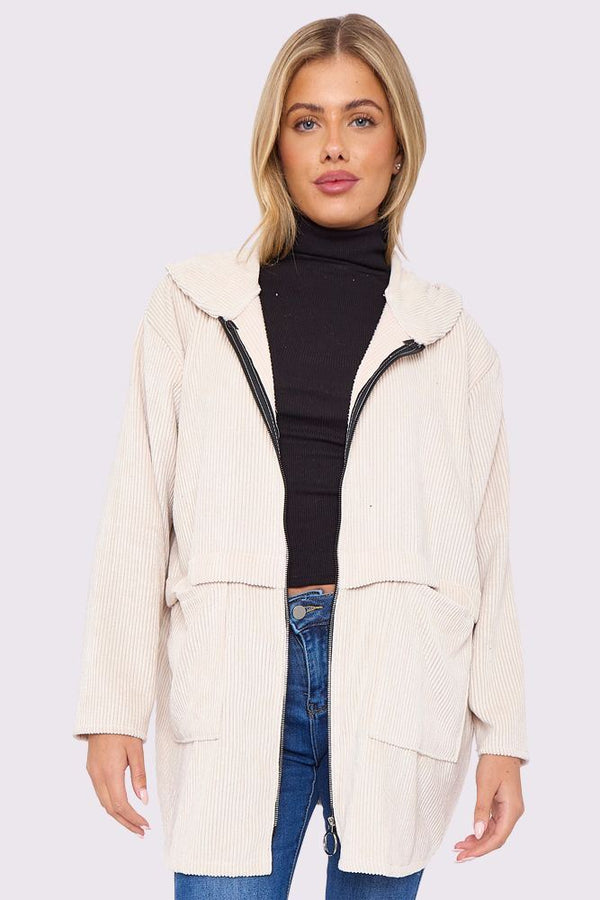 Plain Zip Up Pockets Ribbed Jacket