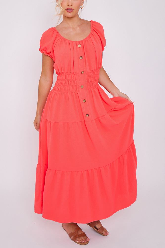 Plain Shirred Waist Tiered Dress