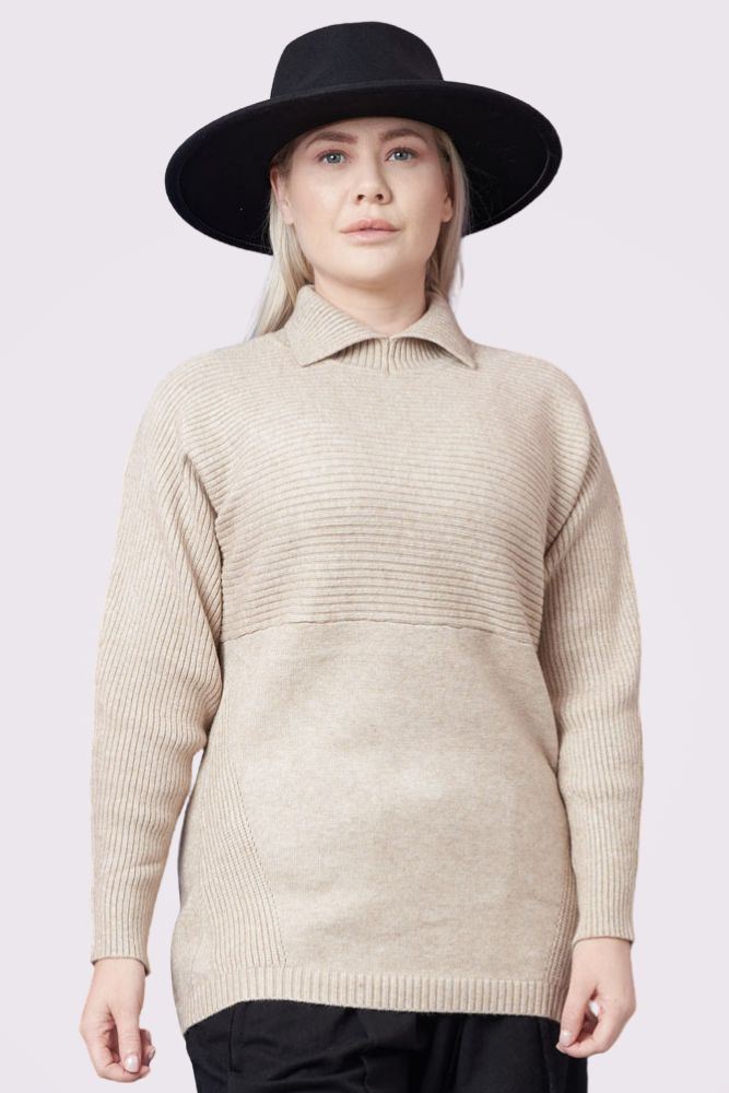 Plain Ribbed Collar Long Sleeve Jumper