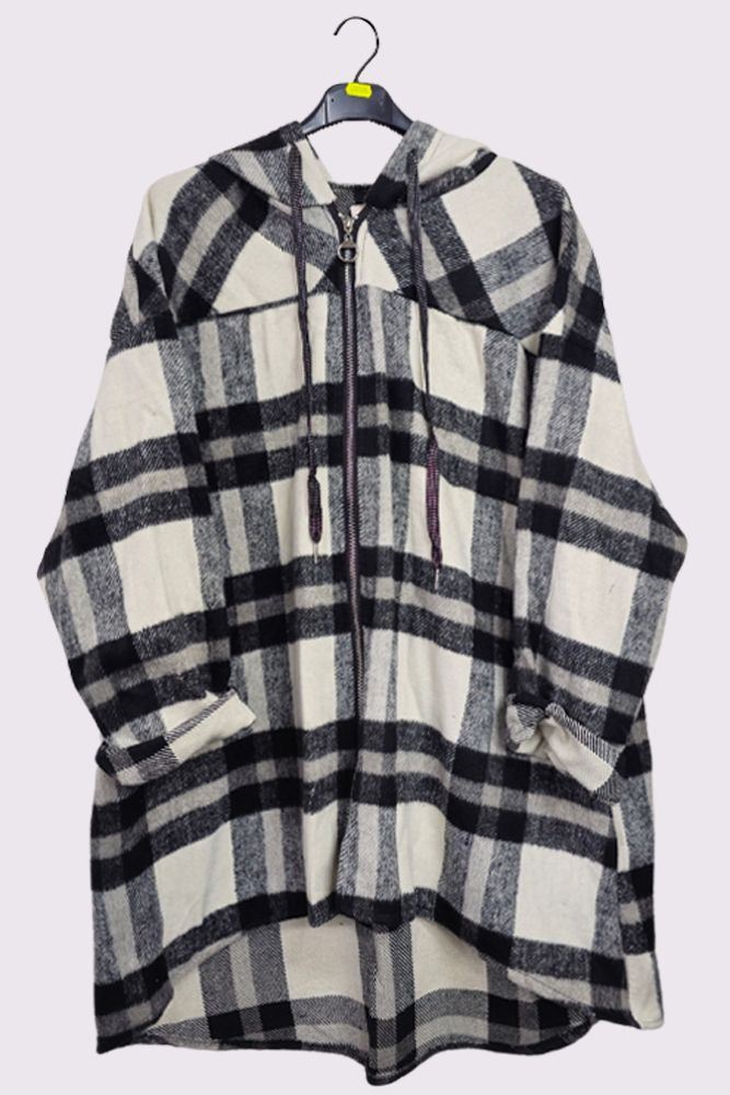 Check Print Zipped Cotton Hooded Jacket