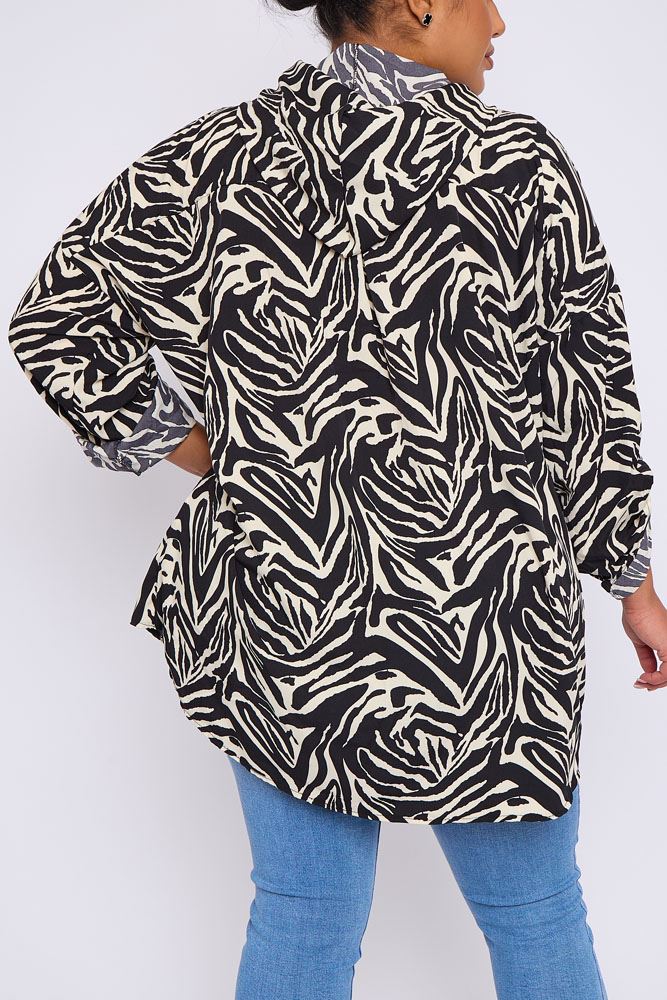 Zebra Print Pockets Drawstring Hoodie Shirt