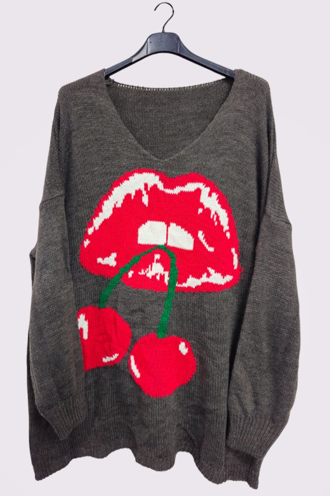 Cherry Lips Pattern Knitted Cuffed Sleeve Jumper