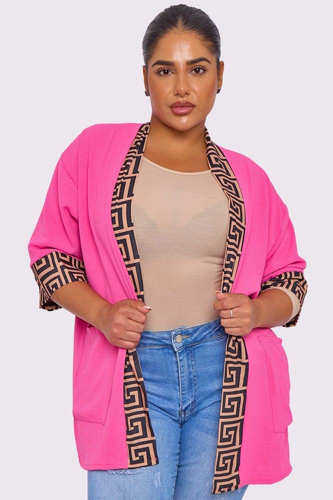 Greek Key Print Open Front Pockets Cardigan