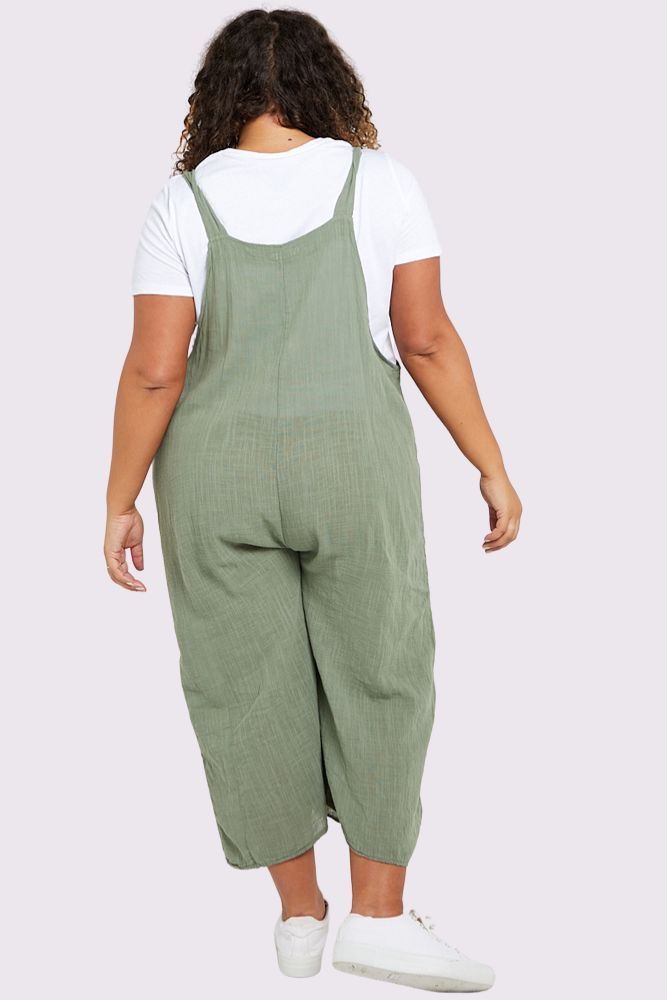 Strap Button Detail Plain Linen Jumpsuit Dungaree