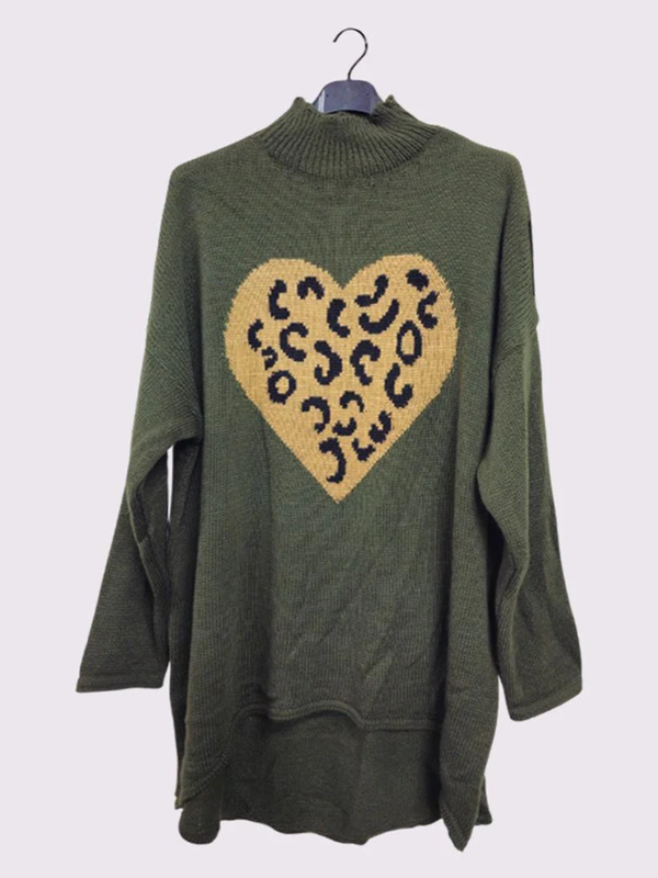 Test Leopard Heart Knit Style High Low Hem Jumper