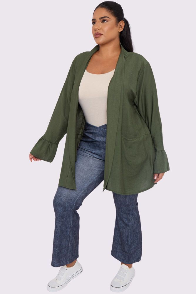 Plain Ruffle Sleeve Pockets Cardigan