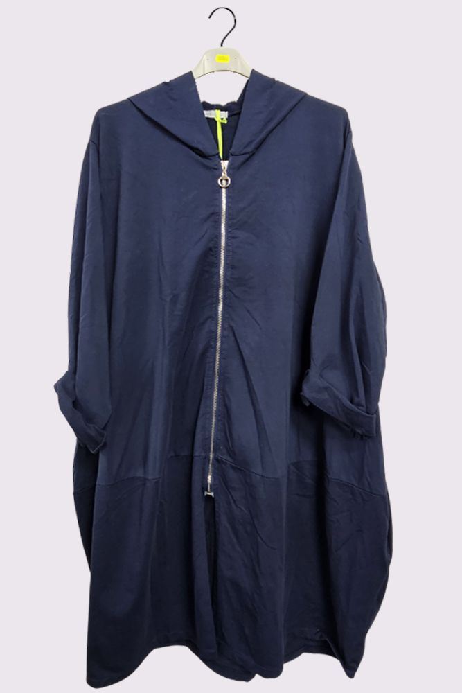 Plain Tiered Longline Zip Up Cotton Hoody