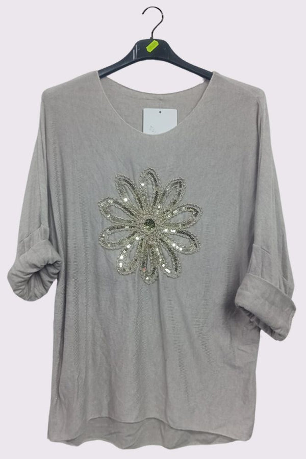 Sequin Flower Pattern Slight Dip Hem Top