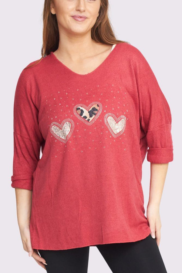 3 Heart Diamante Detail Soft Knit Ribbed Style Top