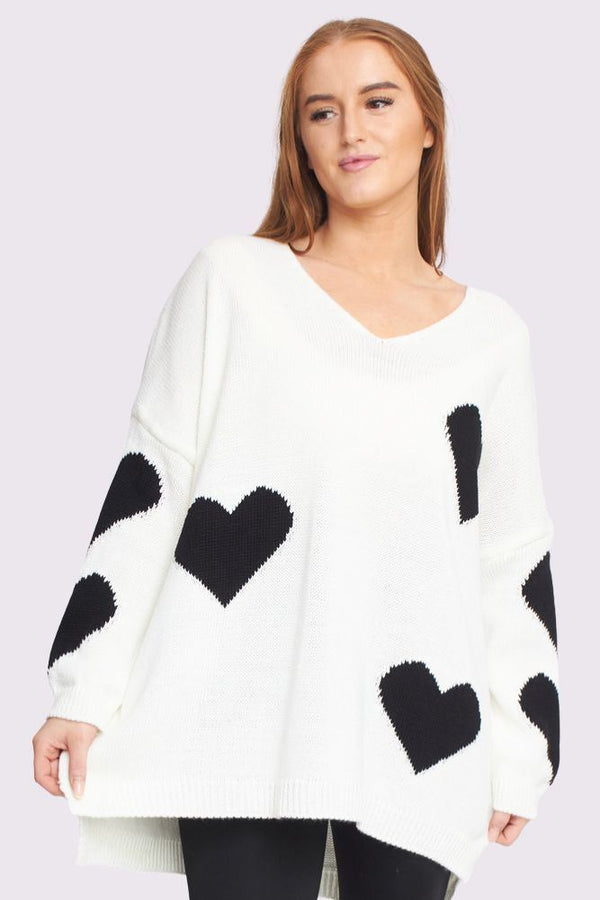 White Heart Pattern Side Slit Dip Hem Jumper