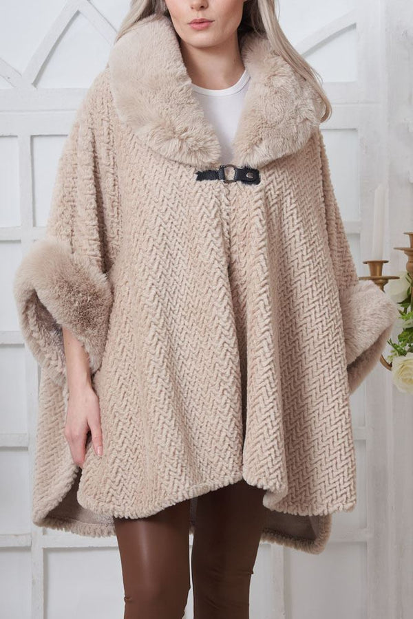 Plain Faux Fur Wrap Knit Poncho