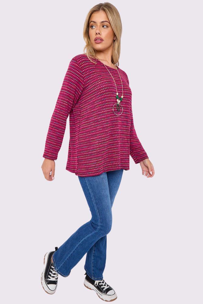 Multi Stripe Pattern Knitted Round Neck Necklace Jumper