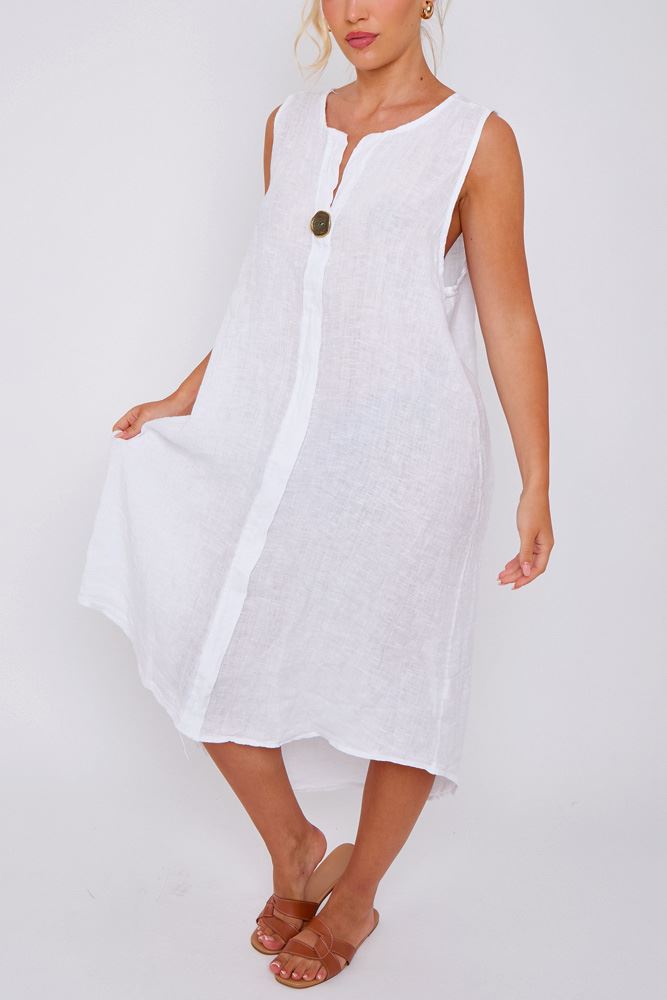 Plain Side Slit Linen Dress