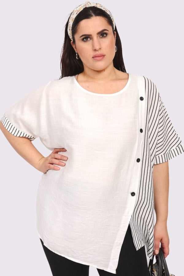 Stripe Print Side Button Detail Cotton Top