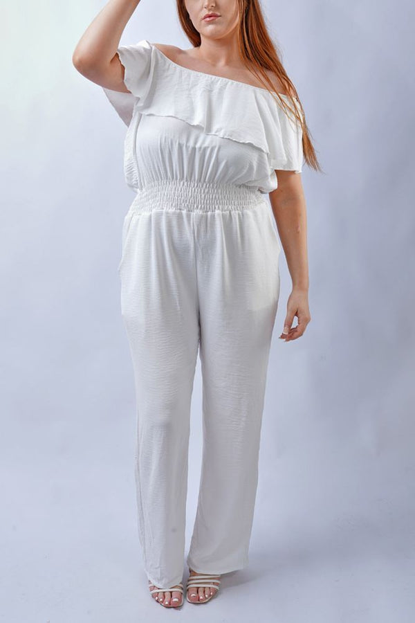 Plain Ruffle Trim Shirred Waist Jumpsuit