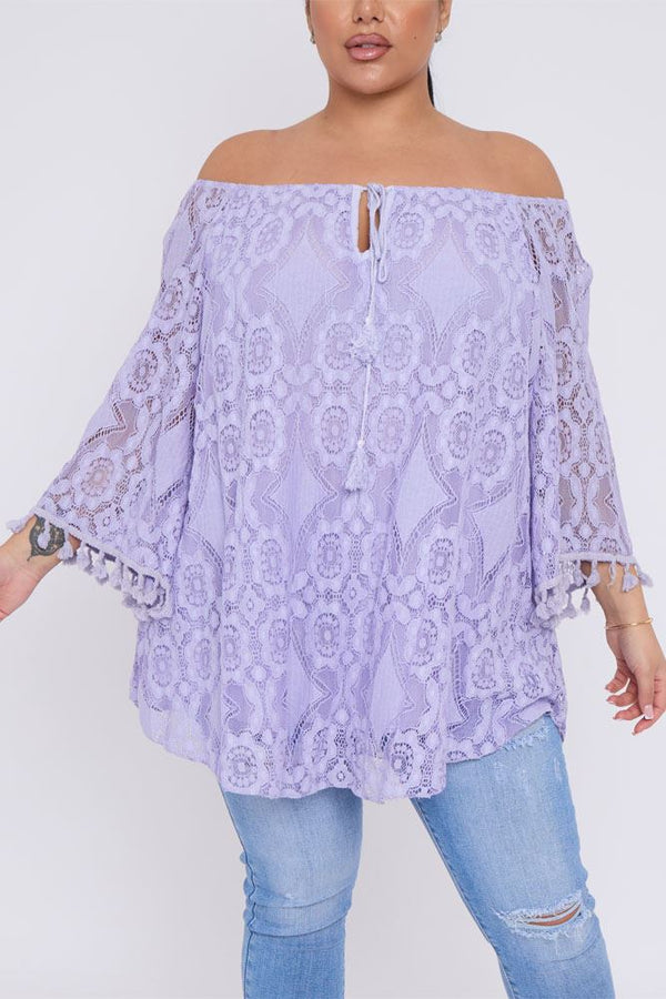 Floral Mesh Pattern Tassel Cotton Top