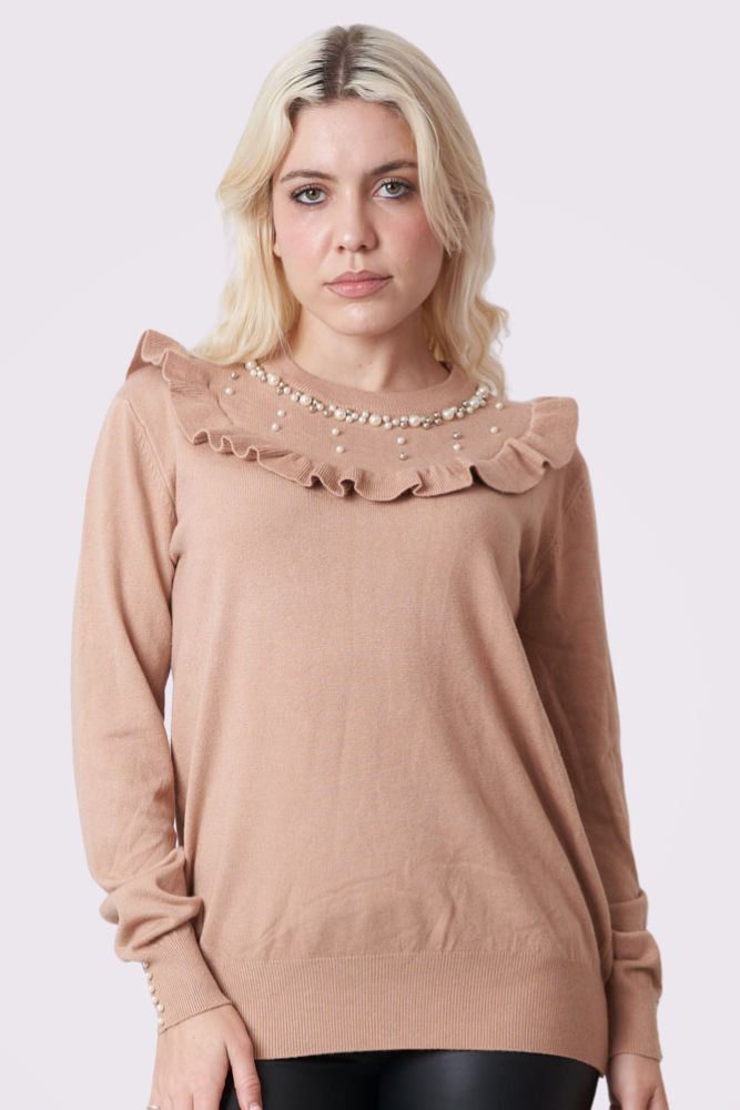 Plain Beaded Ruffle Knitted Tunic Top