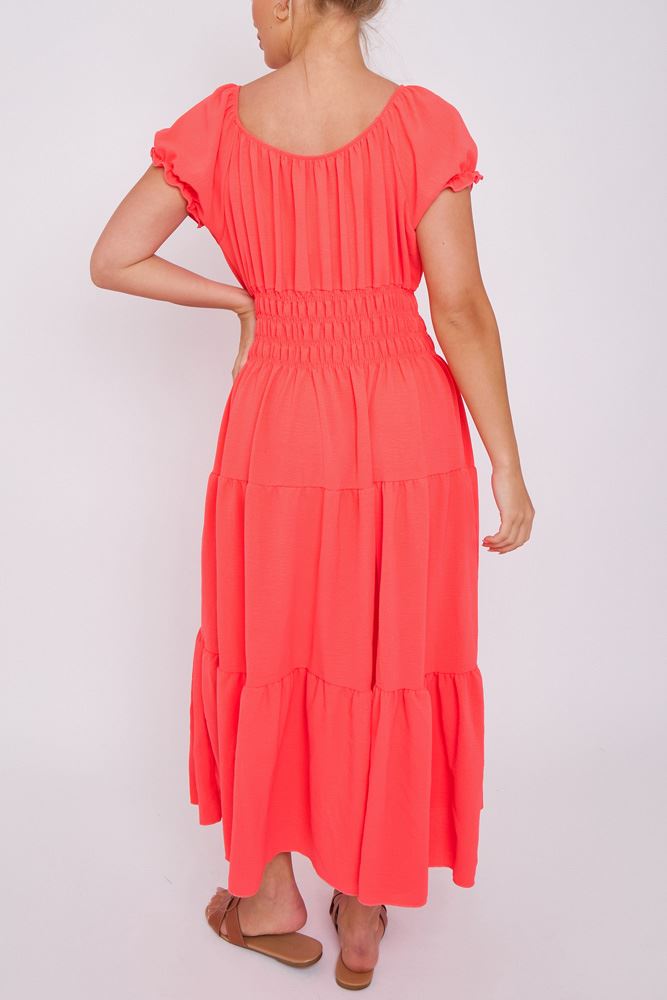 Plain Shirred Waist Tiered Dress