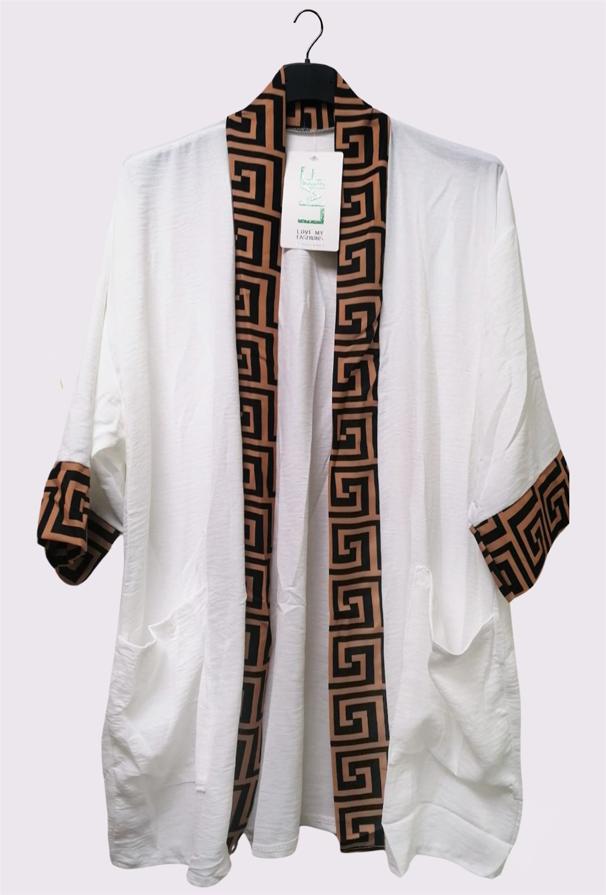 Greek Key Print Open Front Pockets Cardigan