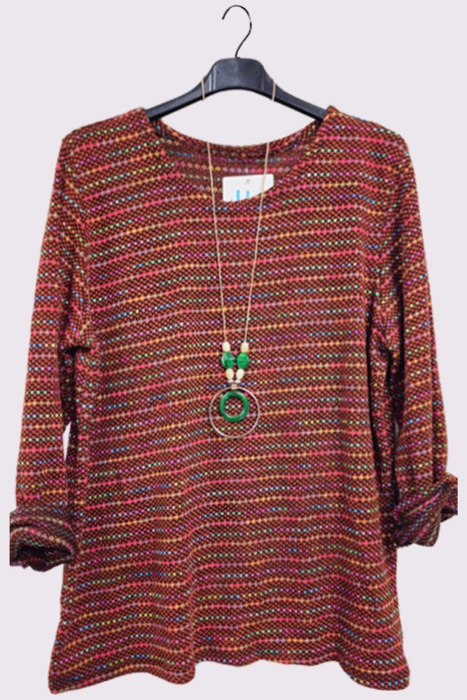 Multi Stripe Pattern Knitted Round Neck Necklace Jumper