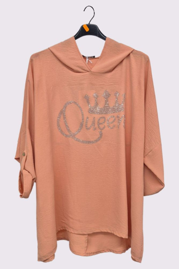 Diamante Queen Print Oversized Diphem Hooded Top