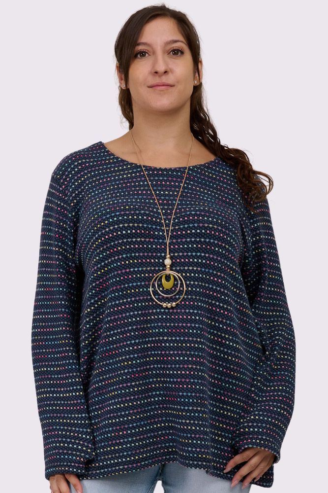 Multi Stripe Pattern Knitted Round Neck Necklace Jumper